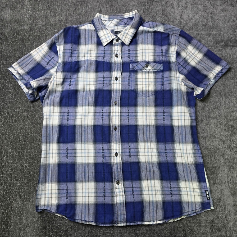 prAna Button Up Shirt Mens Large Blue White Aztec Plaid Slim Fit Southwestern L